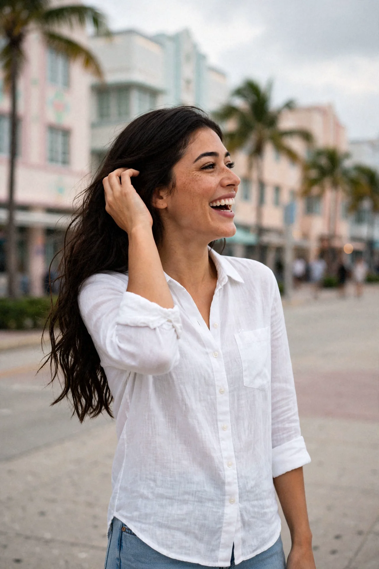 Kaethia_ laughing on a palm-lined street in South Beach, Miami.