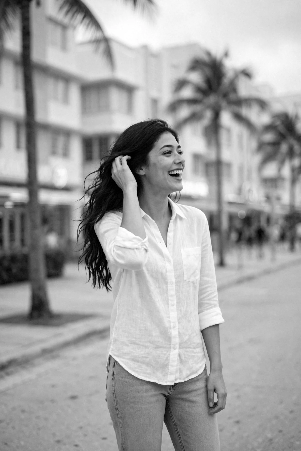 Kaethia_ laughing on a palm-lined street in South Beach, Miami, in black and white.