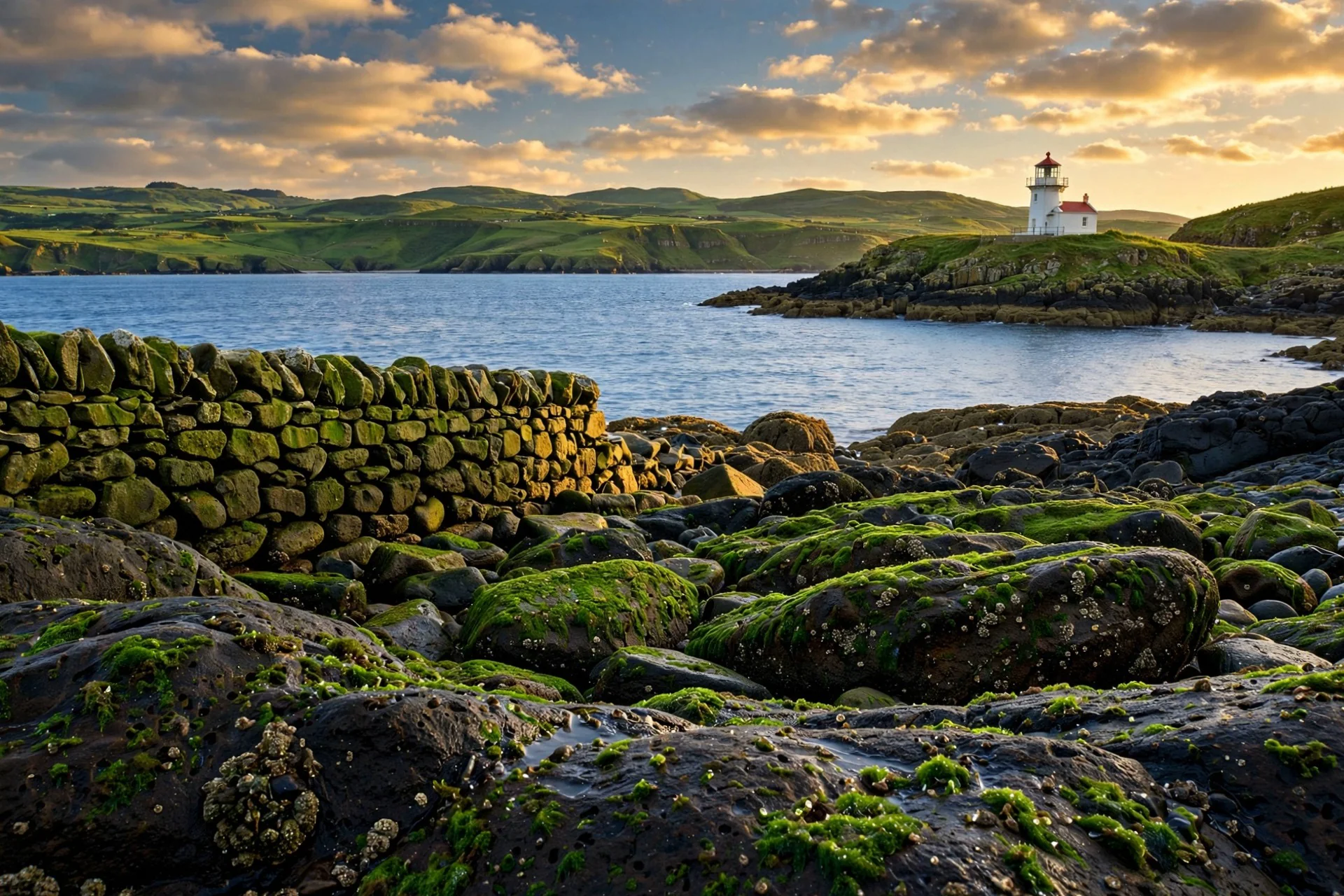 A rocky shore with a stone wall and a lighthouse at golden hour.